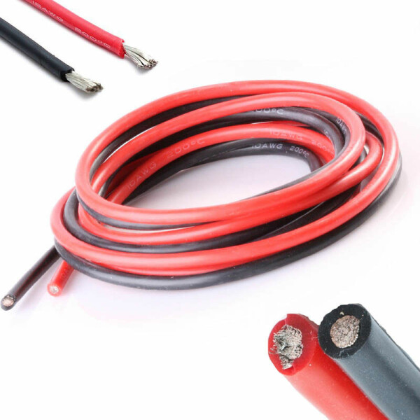 Anschluss-Kabel 1m Rot und 1m Schwarz Set 10AWG 5,26mm&sup2; Silikon Elektro Kupfer
